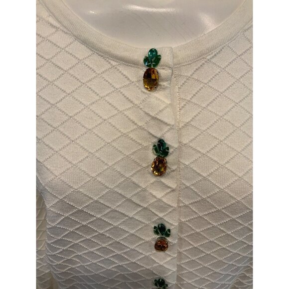 Yumi White Diamond Knit Cardigan W/ Pineapple Jewel Button Cardigan, Size Medium - Picture 2 of 6